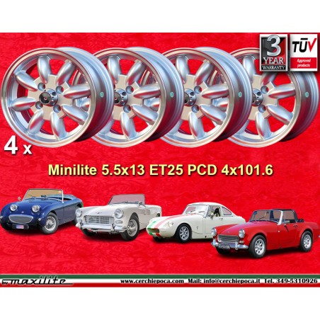 4 jantes Minilite 5.5x13 4x101.6 Austin Mini MG Mini Mk1-3 Austin Sprite mk1-4 MG Midget silver/diamond cut