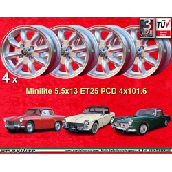 4 jantes Minilite 5.5x13 4x101.6 Austin Mini MG Mini Mk1-3 Austin Sprite mk1-4 MG Midget silver/diamond cut