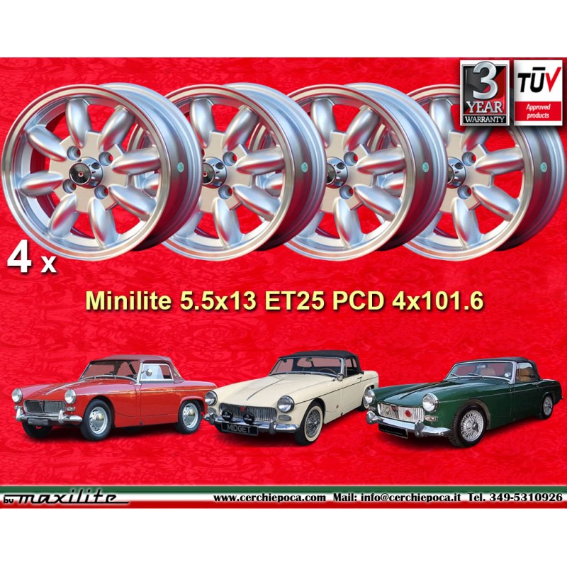 4 cerchi Minilite 5.5x13 4x101.6 Austin Mini MG Mini Mk1-3 Austin Sprite mk1-4 MG Midget silver/diamond cut