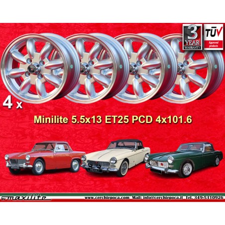 4 jantes Minilite 5.5x13 4x101.6 Austin Mini MG Mini Mk1-3 Austin Sprite mk1-4 MG Midget silver/diamond cut