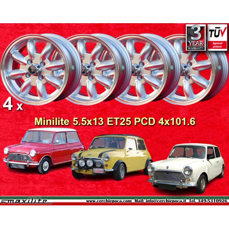 4 jantes Minilite 5.5x13 4x101.6 Austin Mini MG Mini Mk1-3 Austin Sprite mk1-4 MG Midget silver/diamond cut