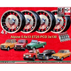 4 Felgen Alpine 5.5x13 + Radschrauben KM10  SW19 10x1 25 60° 3x130 Renault R4 R5 R6