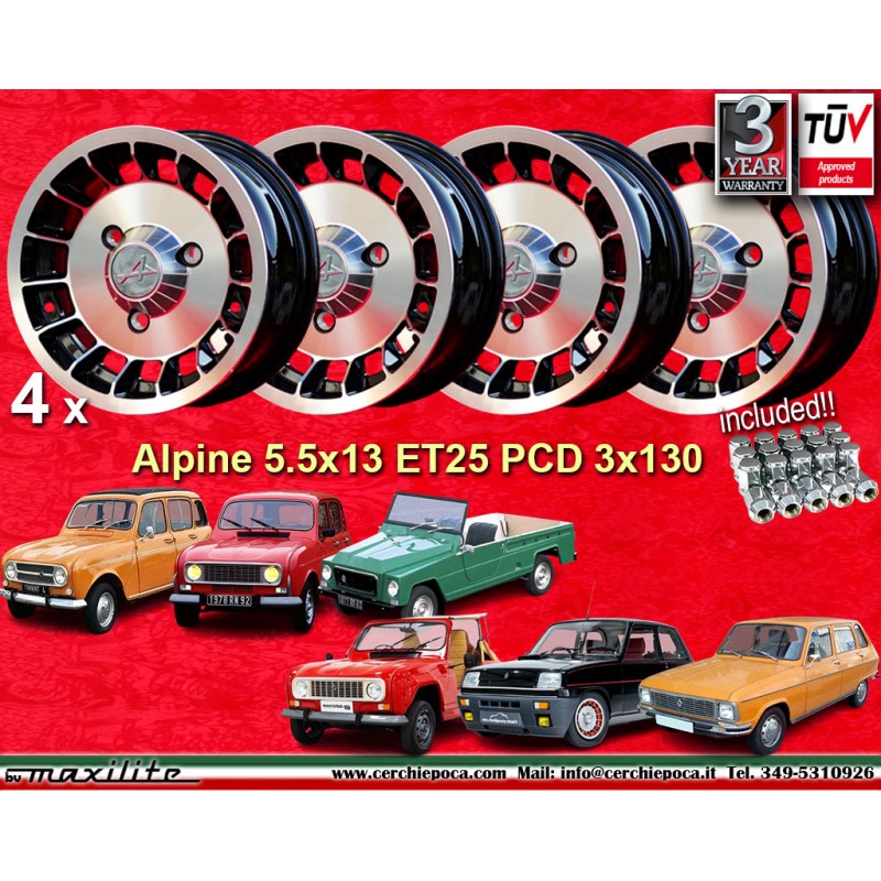 4 jantes Alpine 5.5x13 + ecrous KM10  SW19 10x1 25 60° 3x130 Renault R4 R5 R6