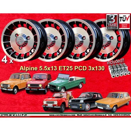 4 cerchi Alpine 5.5x13 + kit dadi KM10  SW19 10x1 25 60° 3x130 Renault R4 R5 R6