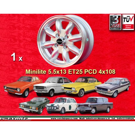 1 jante Minilite 5.5x13 4x108 Ford Escort Mk1 Mk2 Capri Cortina Taunus Fiesta silver/diamond cut