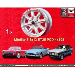 1 wheel Minilite 5.5x13 4x108 Ford Escort Mk1 Mk2 Capri Cortina Taunus Fiesta silver/diamond cut