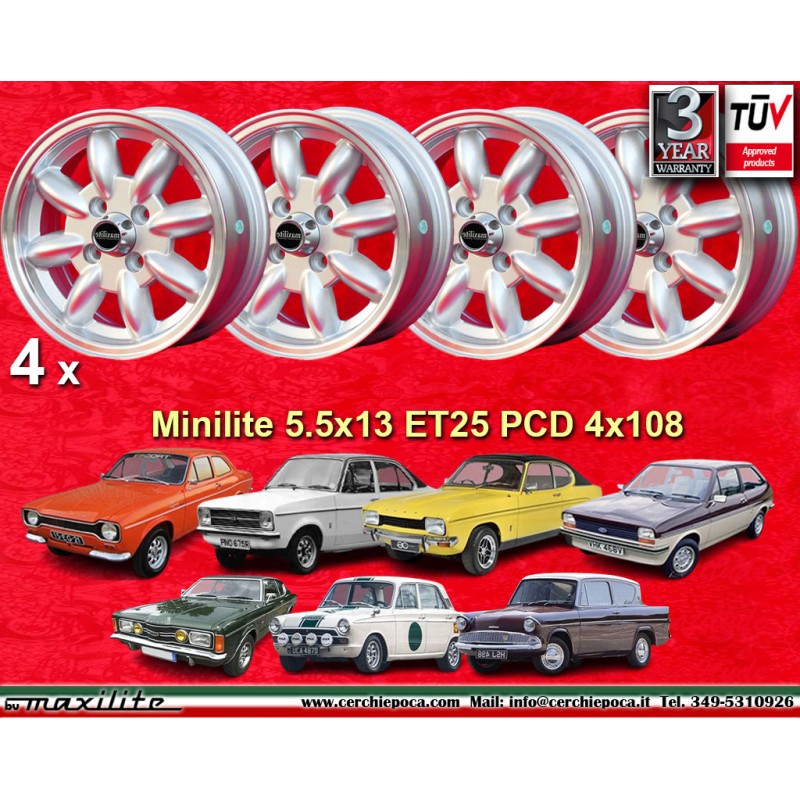 4 jantes Minilite 5.5x13 4x108 Ford Escort Mk1 Mk2 Capri Cortina Taunus Fiesta silver/diamond cut