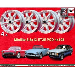 4 jantes Minilite 5.5x13 4x108 Ford Escort Mk1 Mk2 Capri Cortina Taunus Fiesta silver/diamond cut