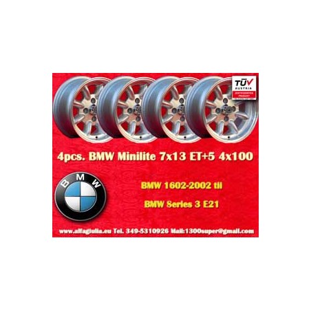 4 cerchi Minilite 7x13 4x100 BMW Opel Volkswagen  1502 1602 1802 2002 tii 3 E21 Kadett B-C Manta Ascona A-B GT Olympia A