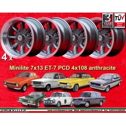 4 wheels Minilite 7x13 4x108 Ford Lotus Talbot Sunbeam Escort Mk1-2 Capri Cortina Caterham Seven Westfield anthracite/di