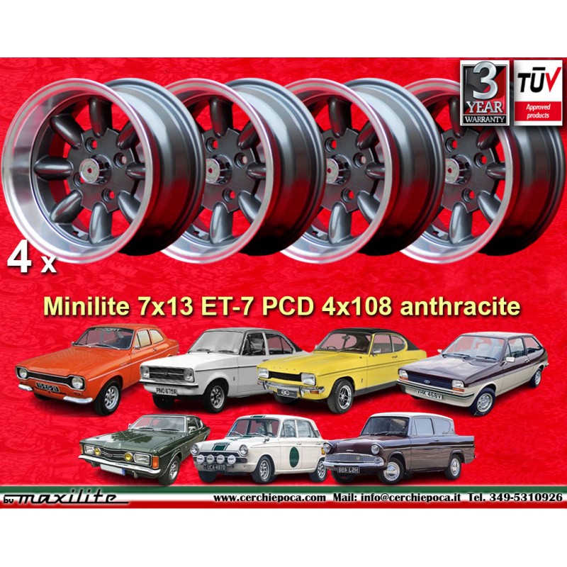 4 cerchi Minilite 7x13 4x108 Ford Lotus Talbot Sunbeam Escort Mk1-2 Capri Cortina Caterham Seven Westfield anthracite/di