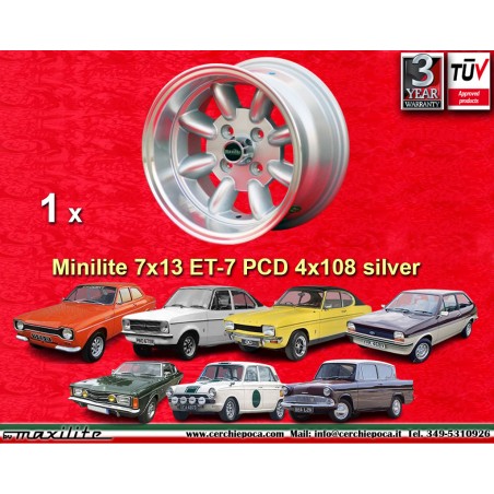 1 cerchio Minilite 7x13 4x108 Ford Lotus Talbot Sunbeam Escort Mk1-2 Capri Cortina Caterham Seven Westfield silver/diamo