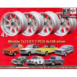 4 Felgen Minilite 7x13 4x108 Ford Lotus Talbot Sunbeam Escort Mk1-2 Capri Cortina Caterham Seven Westfield silver/diamon