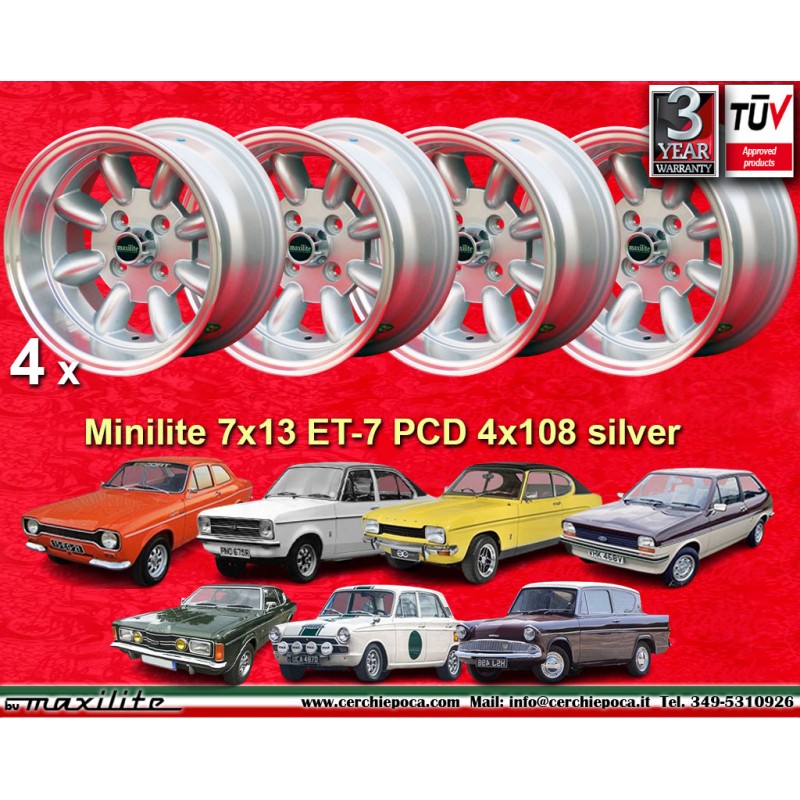 4 jantes Minilite 7x13 4x108 Ford Lotus Talbot Sunbeam Escort Mk1-2 Capri Cortina Caterham Seven Westfield silver/diamon