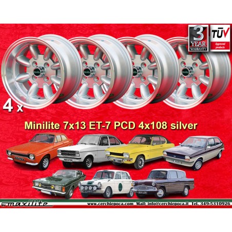 4 wheels Minilite 7x13 4x108 Ford Lotus Talbot Sunbeam Escort Mk1-2 Capri Cortina Caterham Seven Westfield silver/diamon