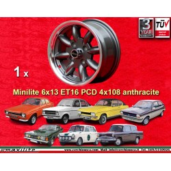 1 jante Minilite 6x13 4x108 Ford Lotus Talbot Sunbeam Escort Mk1-2 Capri Cortina Caterham Seven Westfield anthracite/dia