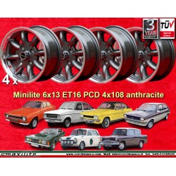 4 cerchi Minilite 6x13 4x108 Ford Lotus Talbot Sunbeam Escort Mk1-2 Capri Cortina Caterham Seven Westfield anthracite/di