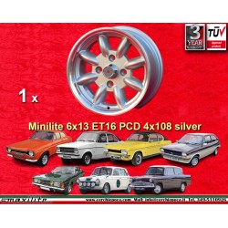 1 jante Minilite 6x13 4x108 Ford Lotus Talbot Sunbeam Escort Mk1-2 Capri Cortina Caterham Seven Westfield silver/diamond