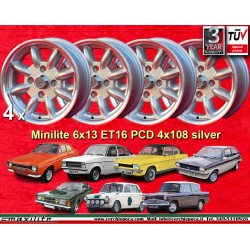 4 jantes Minilite 6x13 4x108 Ford Lotus Talbot Sunbeam Escort Mk1-2 Capri Cortina Caterham Seven Westfield silver/diamon