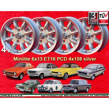 4 wheels Minilite 6x13 4x108 Ford Lotus Talbot Sunbeam Escort Mk1-2 Capri Cortina Caterham Seven Westfield silver/diamon