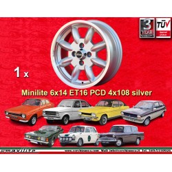 1 cerchio Minilite 6x14 4x108 Ford Escort Mk1-2 Capri Cortina silver/diamond cut