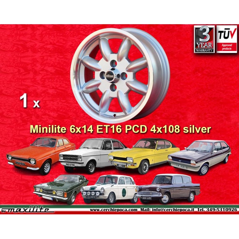 1 jante Minilite 6x14 4x108 Ford Escort Mk1-2 Capri Cortina silver/diamond cut