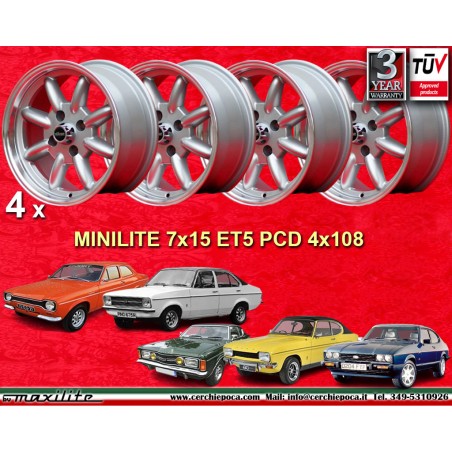 4 wheels Minilite 7x15 4x108 Ford Escort Mk1-2 Capri Cortina silver/diamond cut