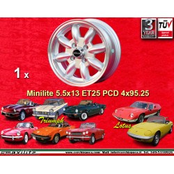 1 cerchio Minilite 5.5x13 4x95.25 Triumph Spitfire TR7 Herald GT6 Vitesse Lotus Europa silver/diamond cut