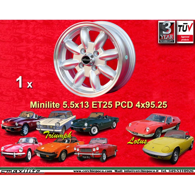 1 cerchio Minilite 5.5x13 4x95.25 Triumph Spitfire TR7 Herald GT6 Vitesse Lotus Europa silver/diamond cut