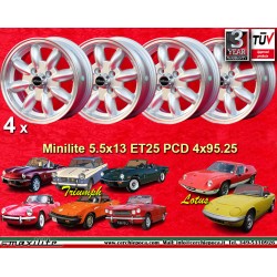 4 Felgen Minilite 5.5x13 4x95.25 Triumph Spitfire TR7 Herald GT6 Vitesse Lotus Europa silver/diamond cut