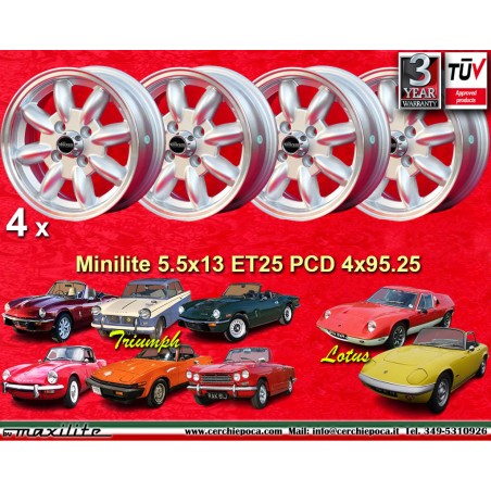 4 cerchi Minilite 5.5x13 4x95.25 Triumph Spitfire TR7 Herald GT6 Vitesse Lotus Europa silver/diamond cut