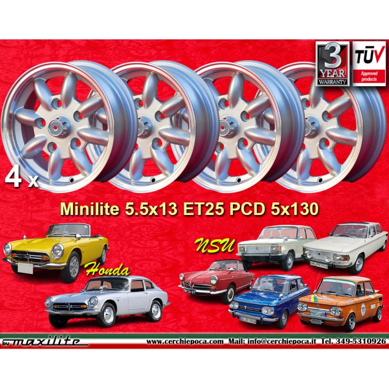 4 cerchi Minilite 5.5x13 5x130 Honda NSU Honda S600 S800 NSU TT TTS 110 1200C Wankelspider silver/diamond cut