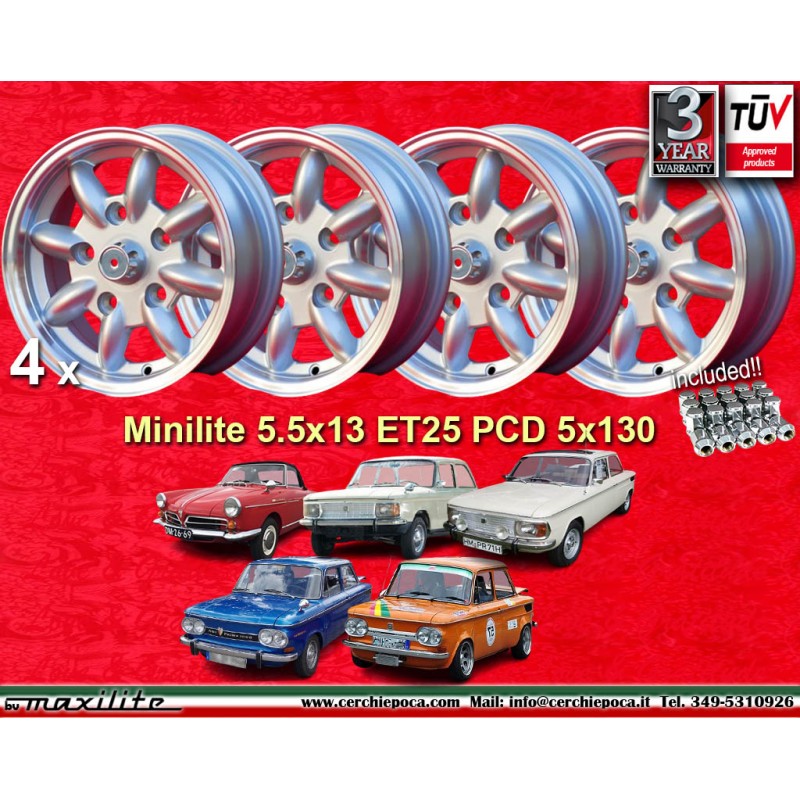 4 jantes Minilite 5.5x13 + ecrous KM8  SW19 10x1x34 60° 5x130 Honda NSU Honda S600 S800 NSU TT TTS 110 1200C Wankelspide