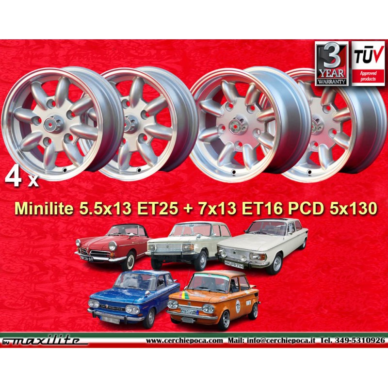 4 Felgen Minilite 5.5x13 + 7x13 5x130 Honda NSU Honda S600 S800 NSU TT TTS 110 1200C Wankelspider