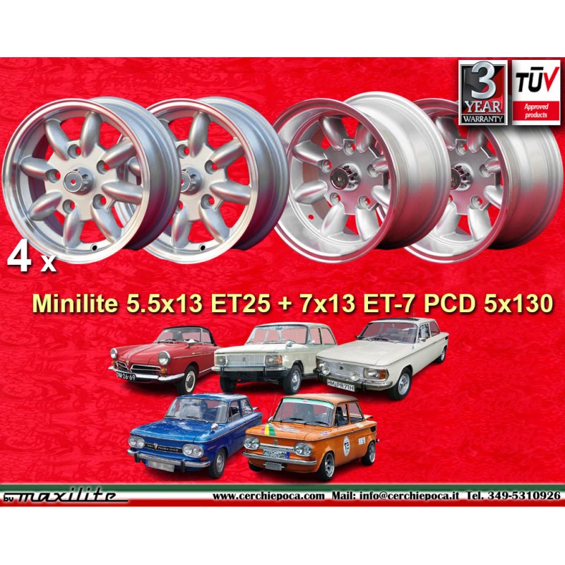 4 cerchi Minilite 5.5x13 + 7x13 5x130 Honda NSU Honda S600 S800 NSU TT TTS 110 1200C Wankelspider