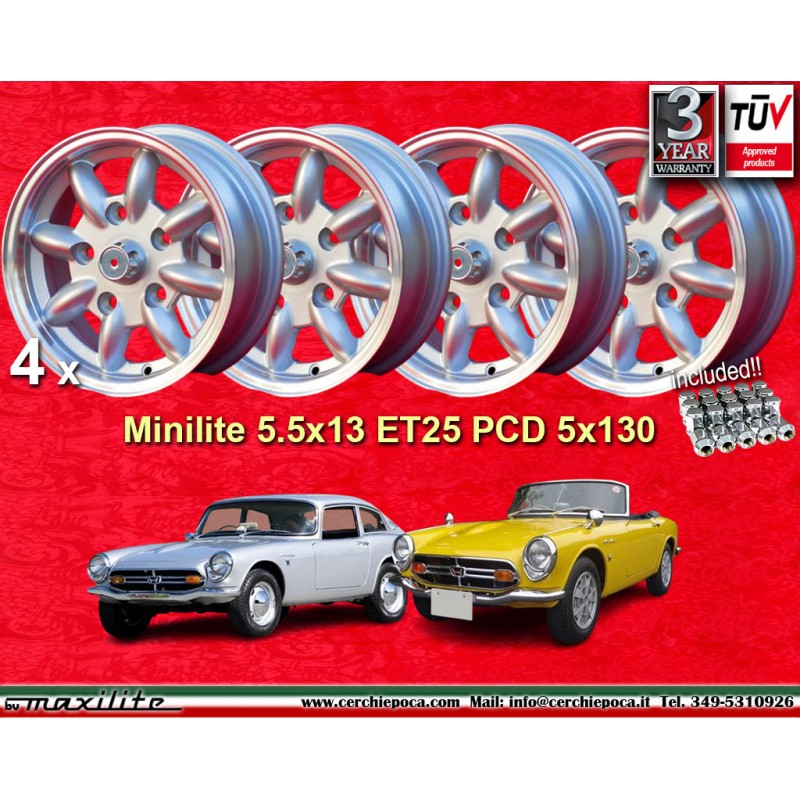 4 wheels Minilite 5.5x13 + nuts kit KM16  M10X1 5x28 60° 5x130 Honda NSU Honda S600 S800 NSU TT TTS 110 1200C Wankelspid