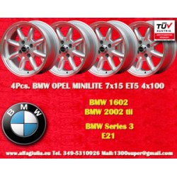 4 Felgen Minilite 7x15 4x100 BMW 1502-2002 1500-2000tii 2000C CA CS 3 E21 E30 silver/diamond cut