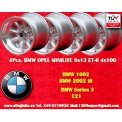 4 cerchi Minilite 8x13 4x100 BMW Opel Volkswagen  1502 1602 1802 2002 tii 3 E21 Kadett B-C Manta Ascona A-B GT Olympia A