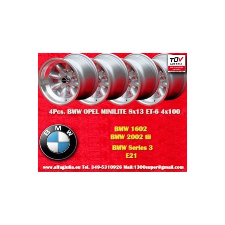 4 Felgen Minilite 8x13 4x100 BMW Opel Volkswagen  1502 1602 1802 2002 tii 3 E21 Kadett B-C Manta Ascona A-B GT Olympia A