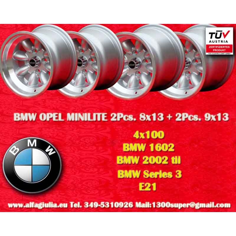 4 jantes Minilite 8x13 + 9x13 4x100 BMW Opel Volkswagen  1502 1602 1802 2002 tii 3 E21 Kadett B-C Manta Ascona A-B GT Ol