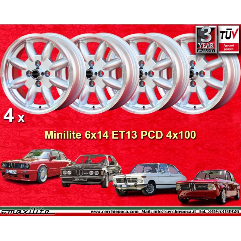 4 cerchi Minilite 6x14 4x100 BMW Opel 1502-2002 1500-2000tii 2000C CA CS 3 E21 E30  Opel Kadett B-C Manta Ascona A-B GT