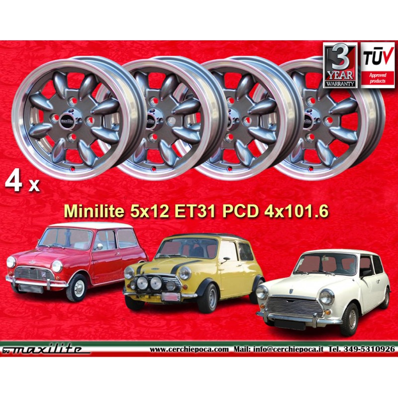 4 Felgen Minilite 5x12 4x101.6 Mini Mini Mk1-3 850 1000 1275 GT anthracite/diamond cut