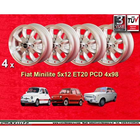 4 Felgen Minilite 5x12 4x98 Fiat 126 600 850 silver/diamond cut