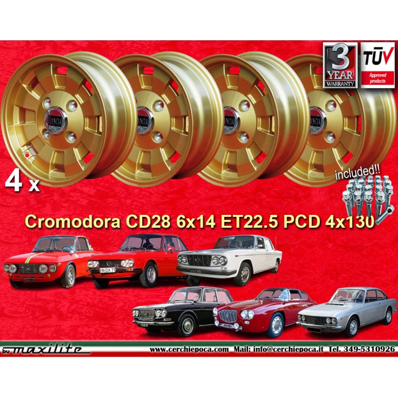 4 jantes Cromodora CD28 6x14 + boulons KB4  SW17 14x1 5x27 60° 4x130 Lancia Fulvia 2000