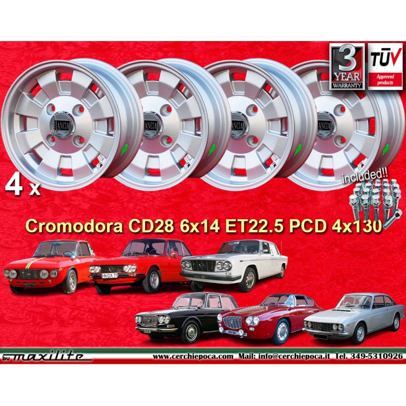 4 cerchi Cromodora CD28 6x14 + kit bulloni KB4  SW17 14x1 5x27 60° 4x130 Lancia Fulvia 2000