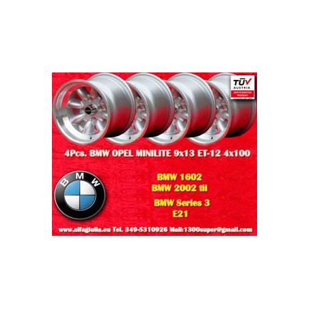 4 cerchi Minilite 9x13 4x100 BMW Opel Volkswagen  1502 1602 1802 2002 tii 3 E21 Kadett B-C Manta Ascona A-B GT Olympia A