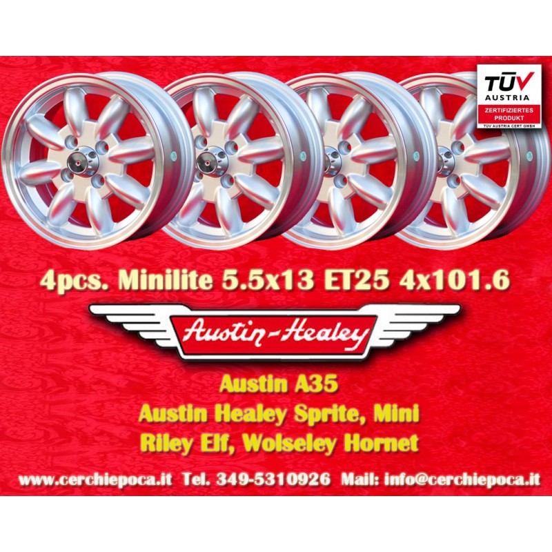 4 jantes Minilite 5.5x13 4x101.6 Austin Mini MG Mini Mk1-3 Austin Sprite mk1-4 MG Midget silver/diamond cut