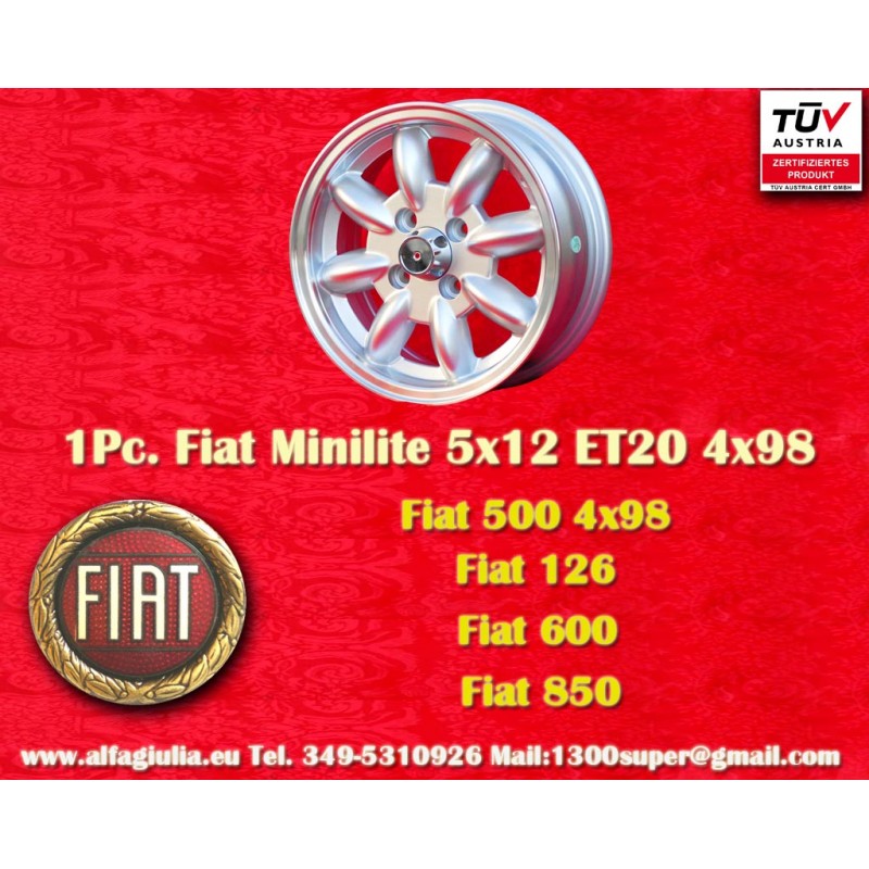 1 jante Minilite 5x12 4x98 Fiat 126 600 850 silver/diamond cut