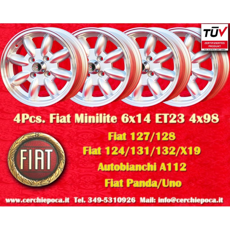 4 Felgen Minilite 6x14 4x98 Fiat 124 Berlina Coupe Spider 125 127 128 131 X19 silver/diamond cut