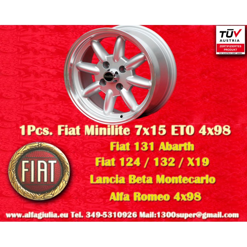 1 jante Minilite 7x15 4x98 Fiat 124 Coupe Spider 125 131 132 silver/diamond cut